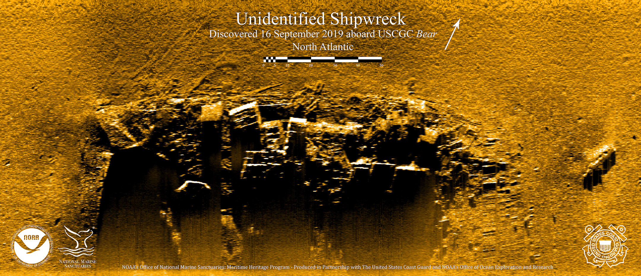 Side-scan sonar image of a shipwreck that NOAA and Coast Guard researchers later determined to be the wreck site of USRC Bear. (NOAA/U.S. Coast Guard) Side-scan sonar image of a shipwreck that NOAA and Coast Guard researchers later determined to be the wreck site of USRC Bear. (NOAA/U.S. Coast Guard)